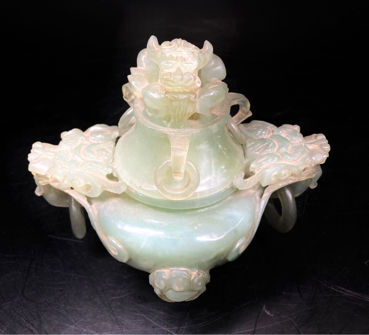 中国玉石龍紋香炉 21cmx21cm三足花台付 中国玉石龍紋香炉 21cmx21cm