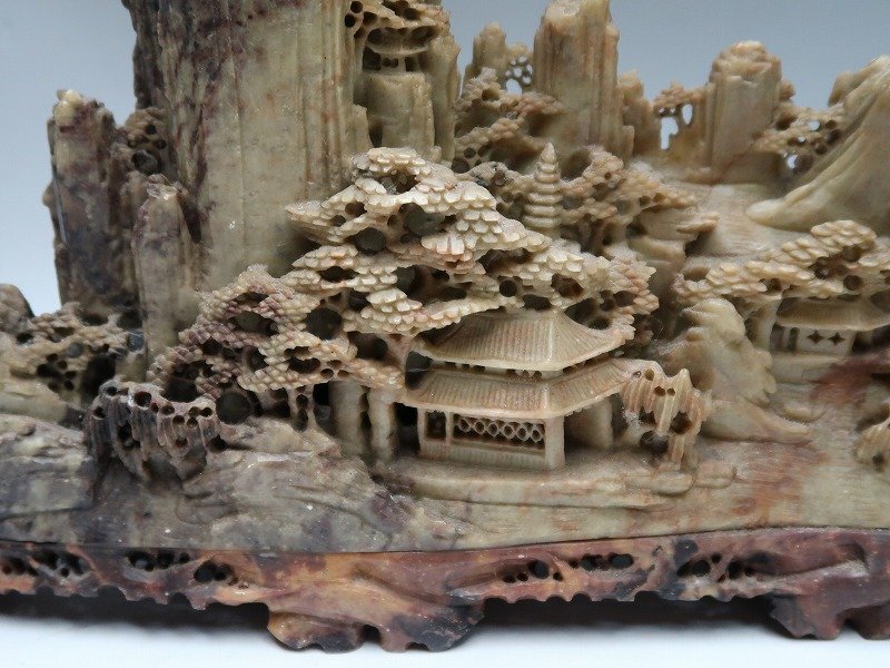 寿山石の彫刻 楼閣山水風景 ジオラマ 中国美術 天然石 水雕 ガラス