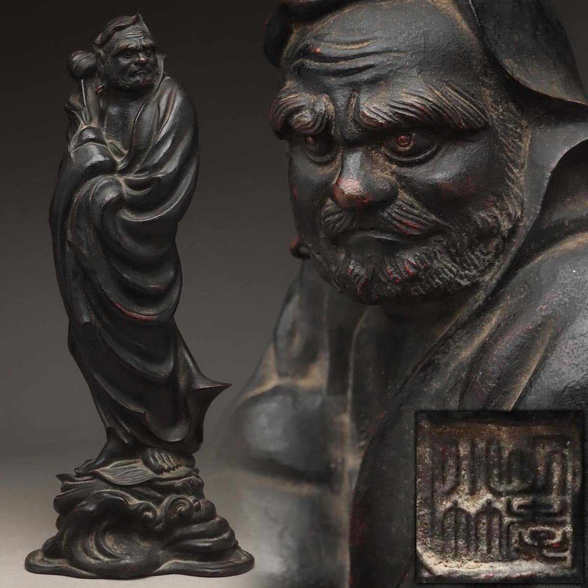 東京銅器金工師正之造古銅鋳銅達磨像置物約3.75㎏YR9467