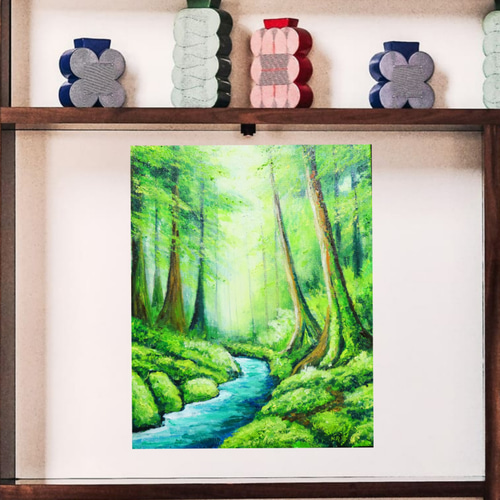 油絵 菅家令子 絵 絵画インテリア額付(青緑＋金色の枠) uF6-071719犬