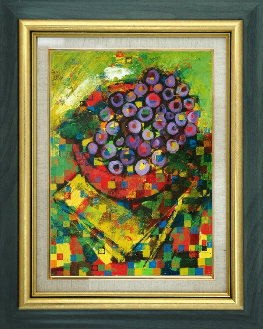 絵画額付( 青緑＋金色の枠)油絵F4-030119 子猫（子犬）と女の子