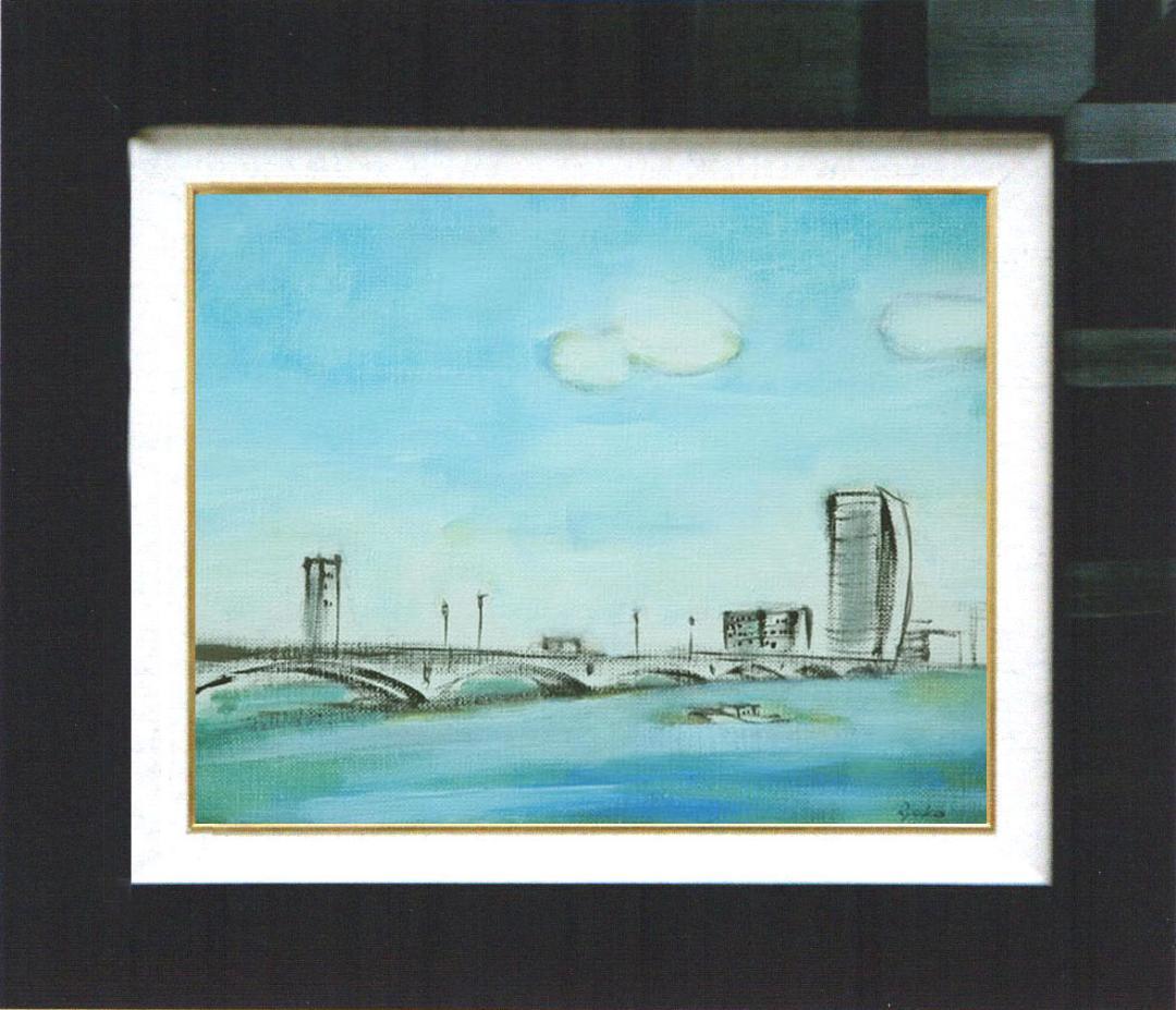 油絵 菅家令子 絵画インテリア額付(青緑＋金色の枠)F4-090114風景万代橋
