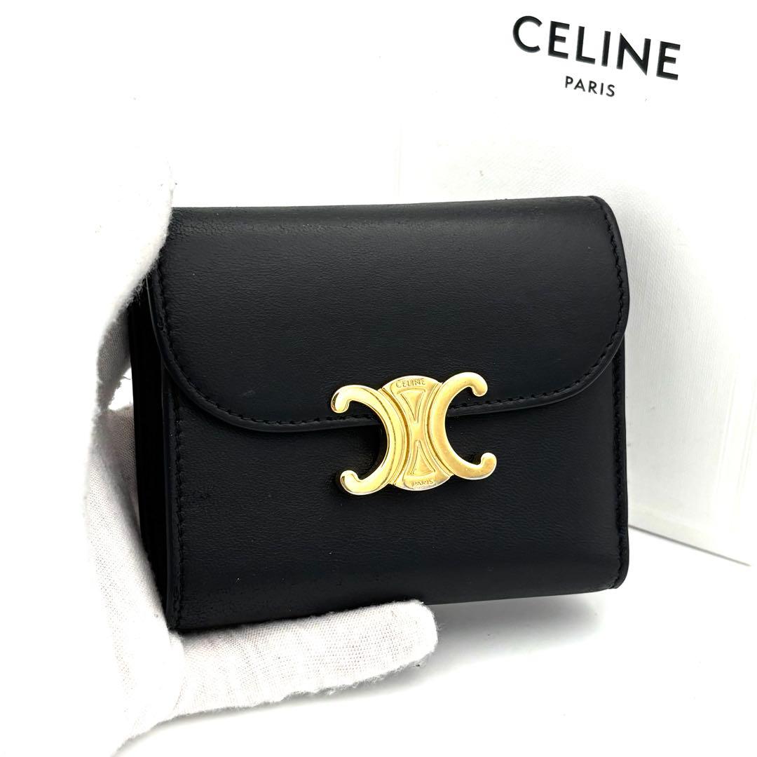 ☆美品☆セリーヌ 財布 トリオンフ スモールフラップウォレット ブラック 黒 セリーヌ トリオンフ スモールフラップウォレット レザー 財布